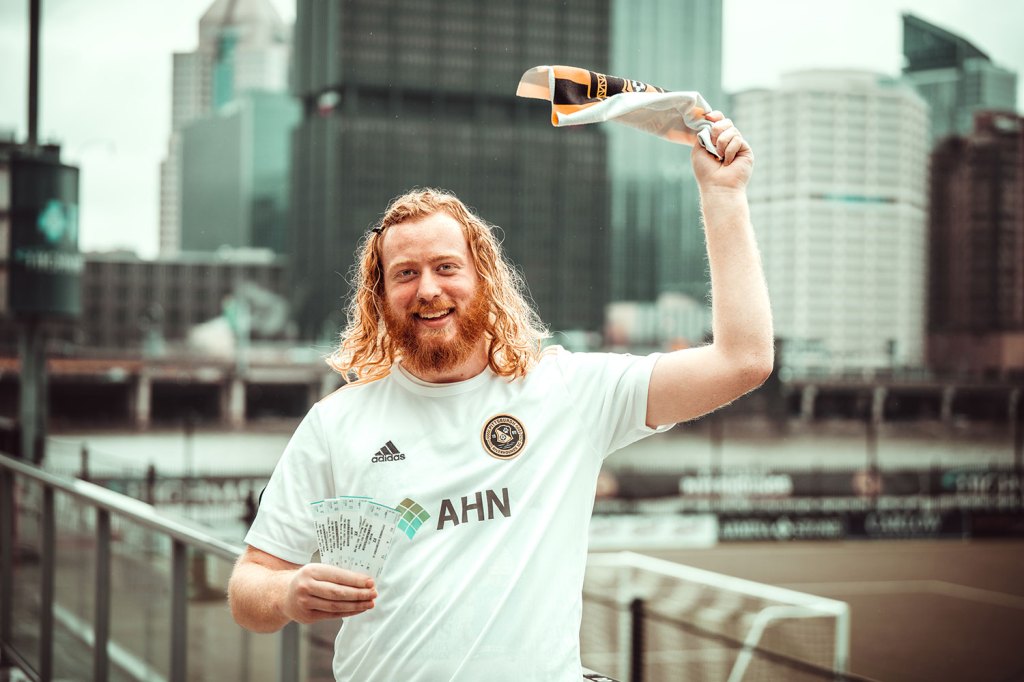 Mother's Day Deal - Riverhounds fan celebrating outside of Highmark Stadium