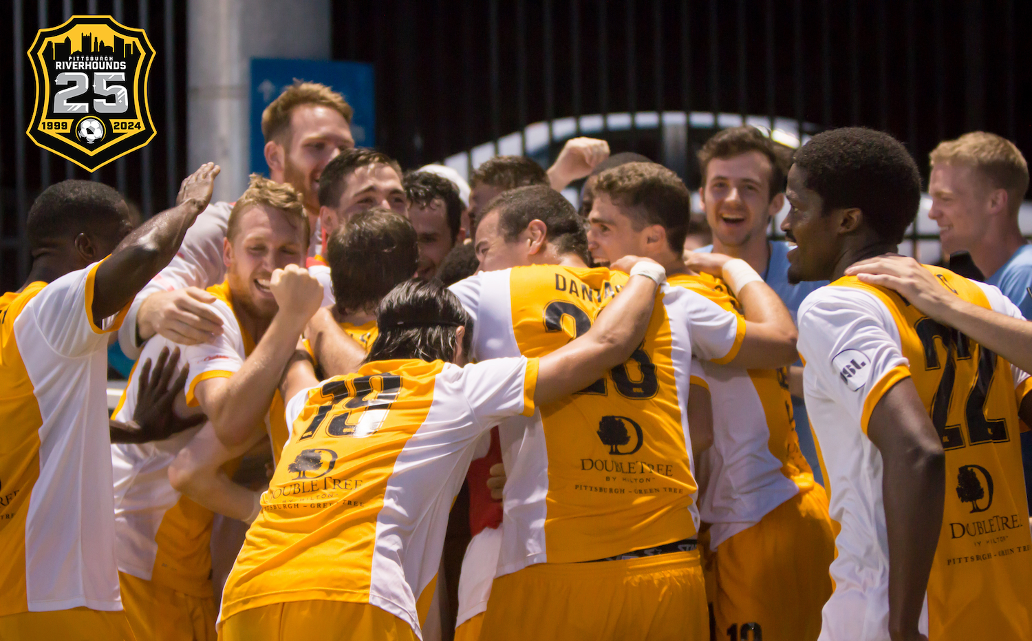 Riverhounds players celebrate after the game-winning goal in their 6-5 victory over the Harrisburg City Islanders on May 30, 2015, the game now permanently etched in team lore as the Miracle on the Mon. (Riverhounds file photo)