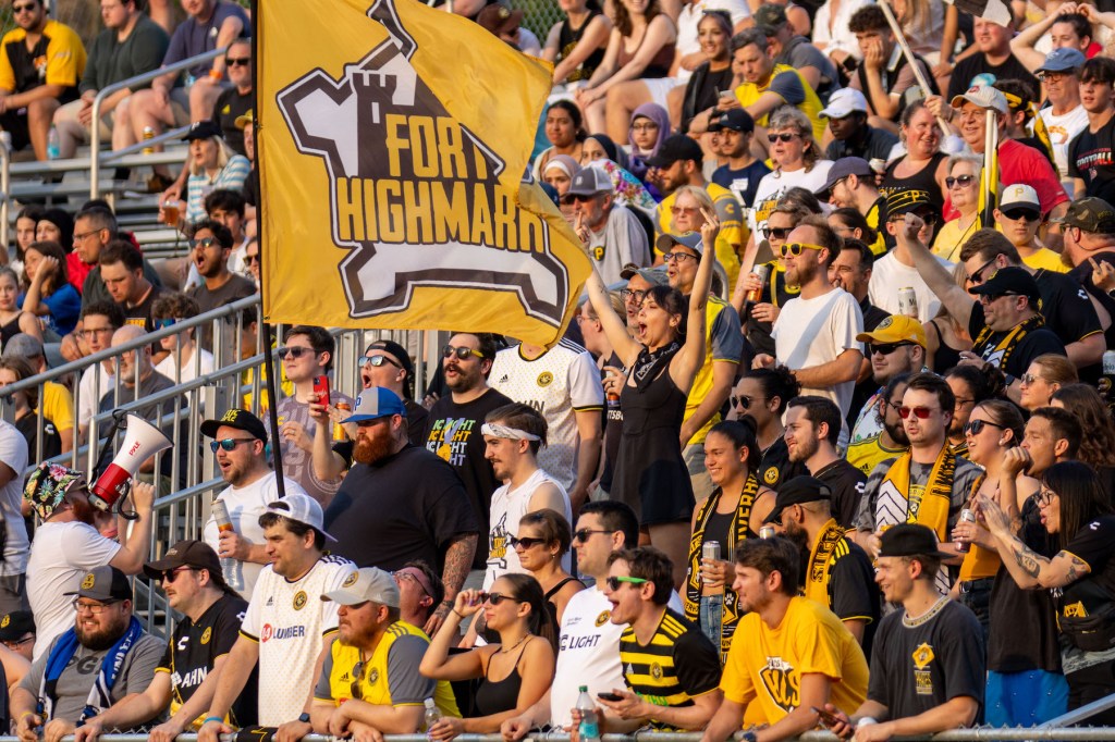 Fans cheer at the start of the Riverhounds' match against Louisville City FC on June 19, 2024 at Highmark Stadium. (Photo: Chris Cowger/Riverhounds SC)