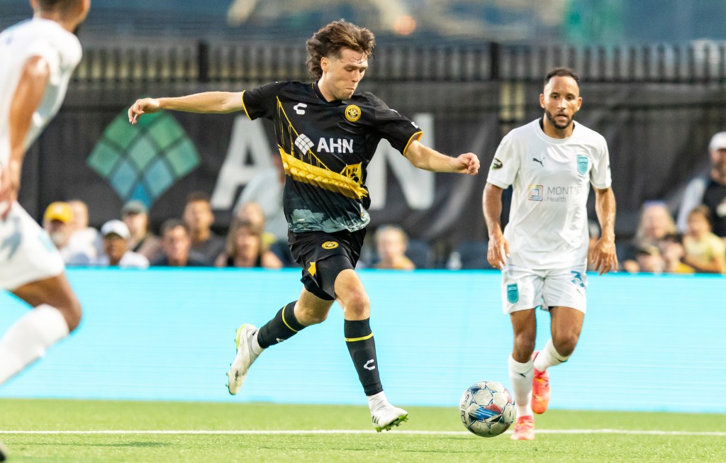 Bradley Sample tees up a shot in the Hounds' 1-0 loss to Monterey Bay FC on July 6, 2024 at Highmark Stadium. (Photo: Mallory Neil/Riverhounds SC)