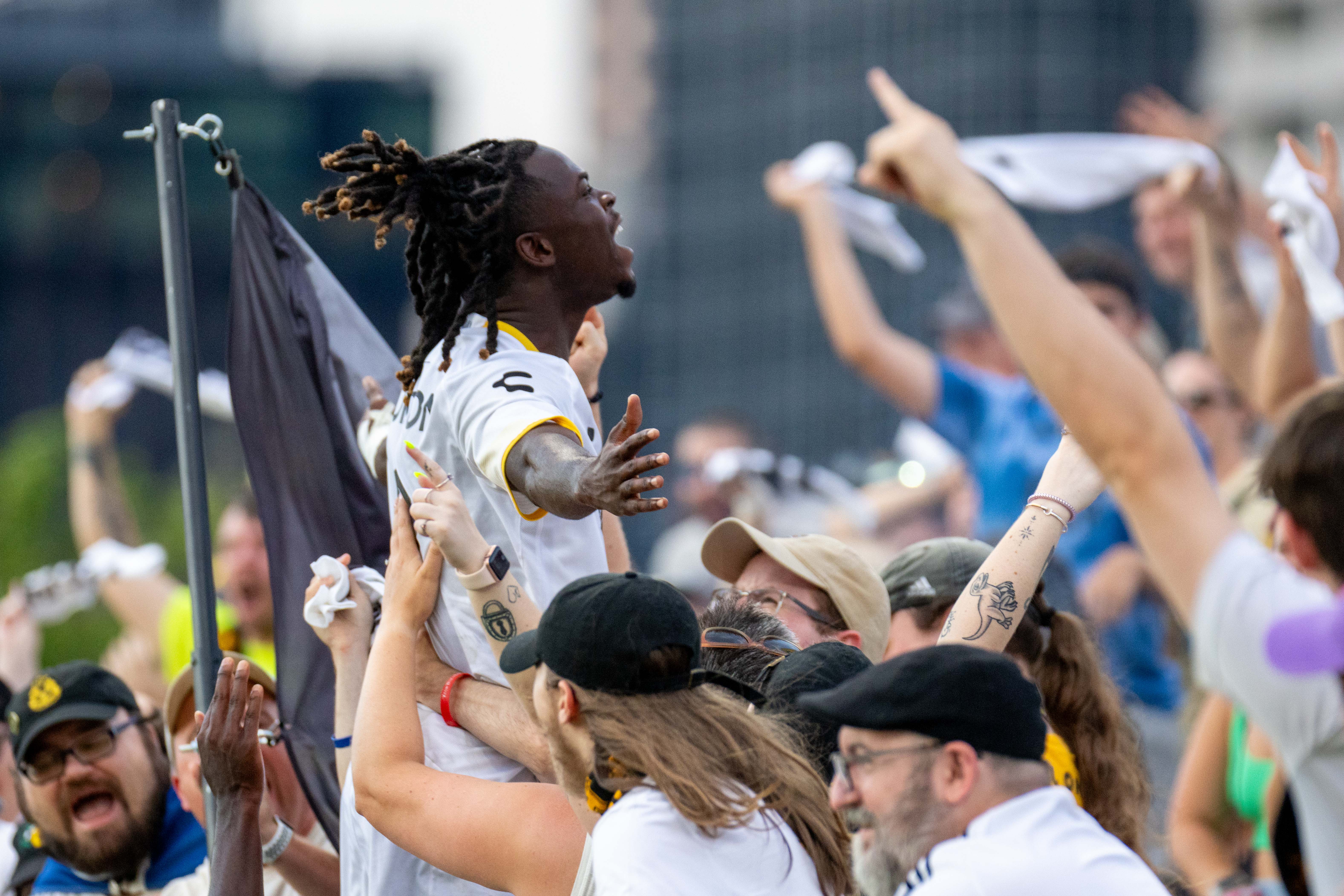 Emmanuel Johnson celebrates his first goal with the Riverhounds in the team's 3-1 win over Hartford Athletic on July 20, 2024 at Highmark Stadium. (Photo: Chris Cowger/Pittsburgh Riverhounds SC)