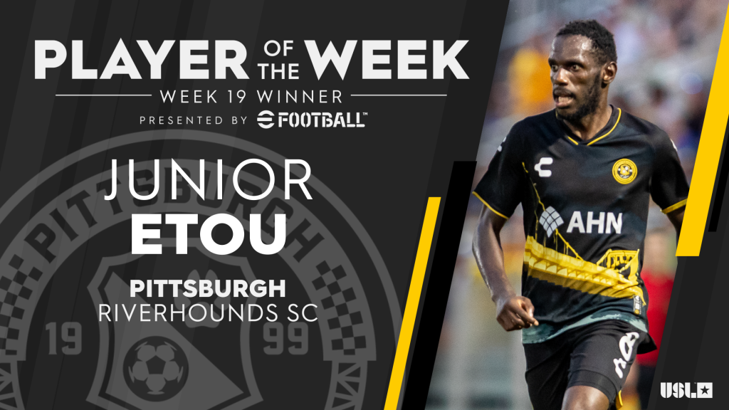 Picture of Pittsburgh Riverhounds defender Junior Etou winning the USL Championship Player of the week