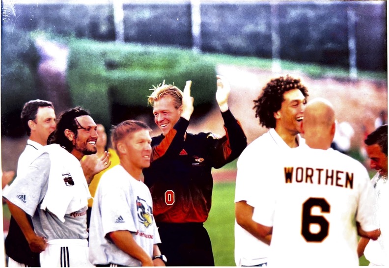 Pittsburgh Riverhounds Goalkeeper Randy Dedini celebrates with his teammates after a match.