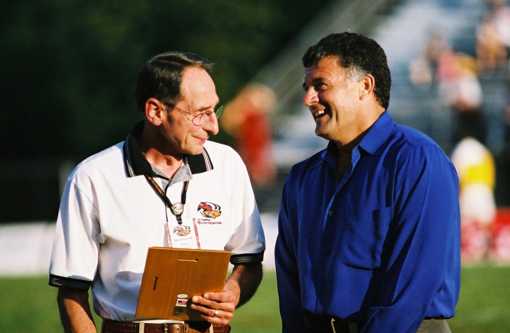 Paul Child (right) laughs with Riverhounds founder Paul Heasley in this photo from 1999. (Photo courtesy of Jeffrey Gamza)