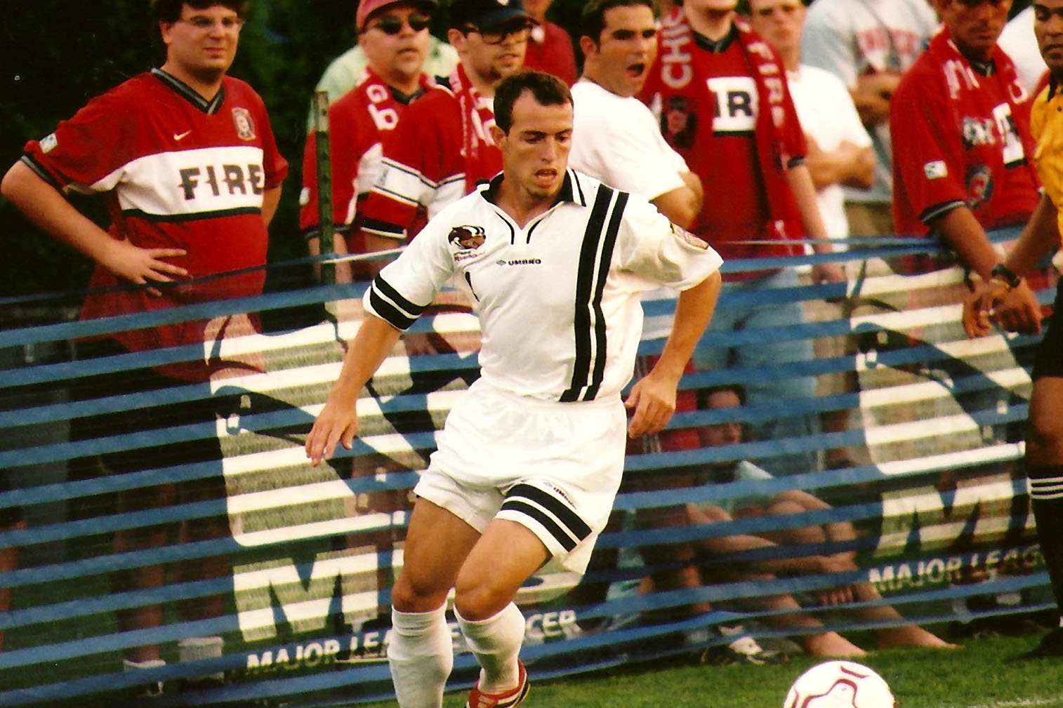 Gary DePalma controls the ball in the Hounds' U.S. Open Cup quarterfinal against the Chicago Fire on July 24, 2001. (Photo courtesy of Gary DePalma)