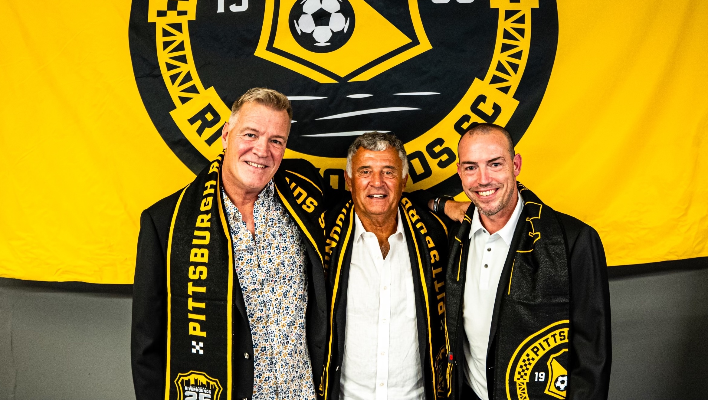 The Riverhounds SC Hall of Fame Class of 2024, from left, Randy Dedini, Paul Child and Gary DePalma