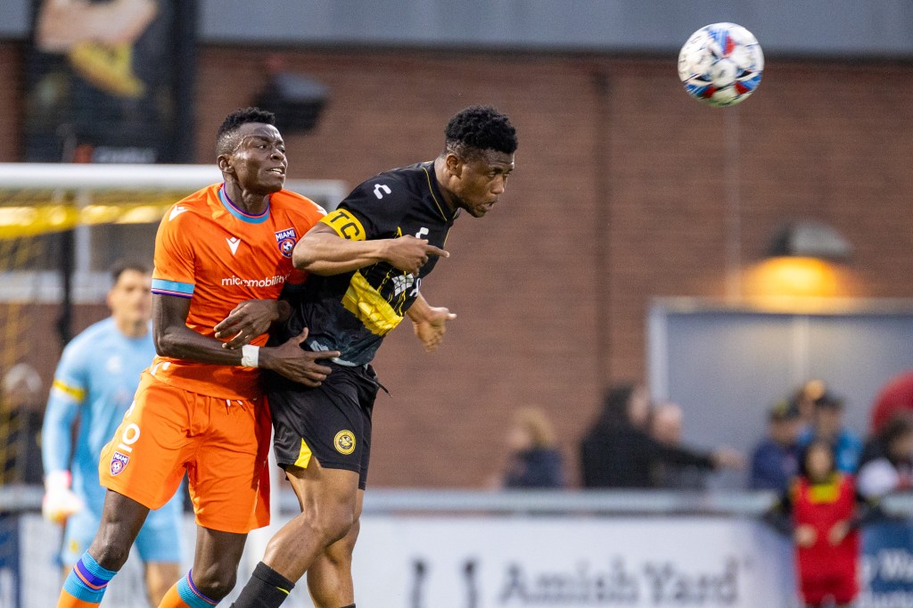 Riverhounds center back Illal Osumanu heads the ball clear in the team's 1-0 win over Miami FC on May 4, 2024 at Highmark Stadium. (Photo: Chris Cowger/Riverhounds SC)