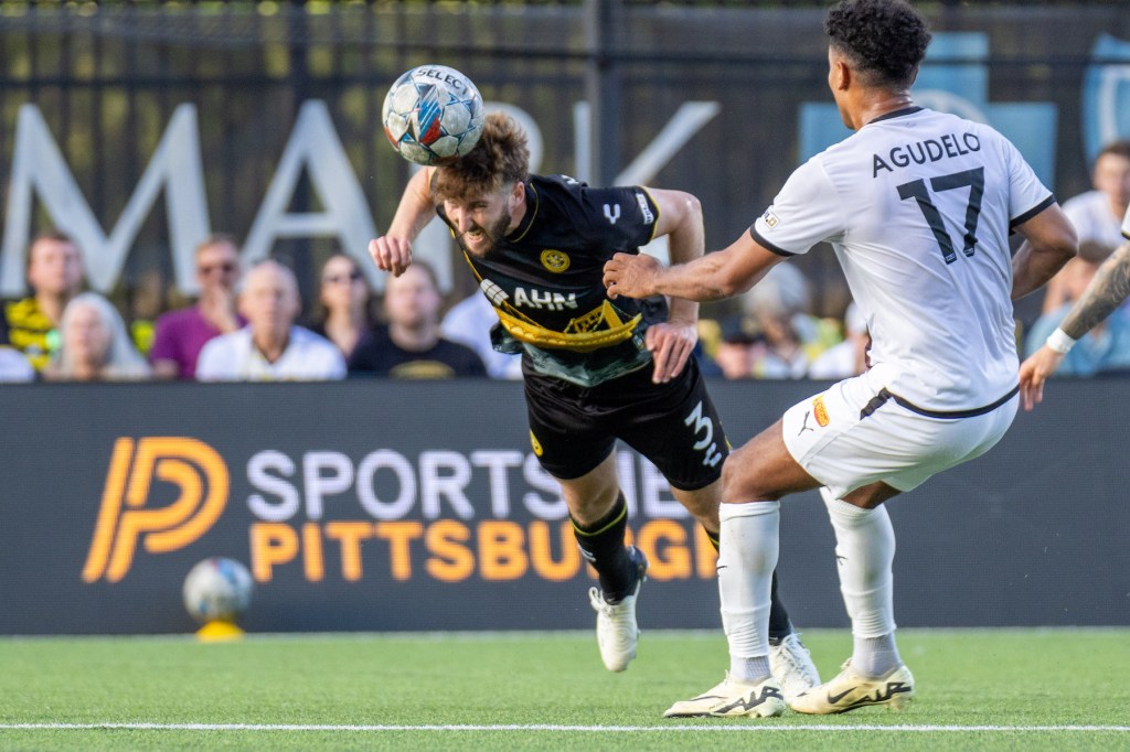 Hounds defender Pat Hogan heads the ball clear in the team's 0-0 draw with San Antonio FC on Aug. 10, 2024 at Highmark Stadium. (Photo: Chris Cowger/Riverhounds SC)