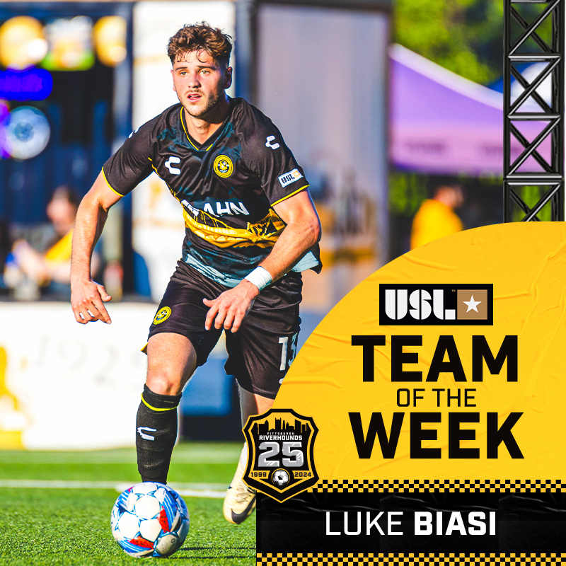 Picture of Luke Biasi dribbling a ball with the team of the week graphic 