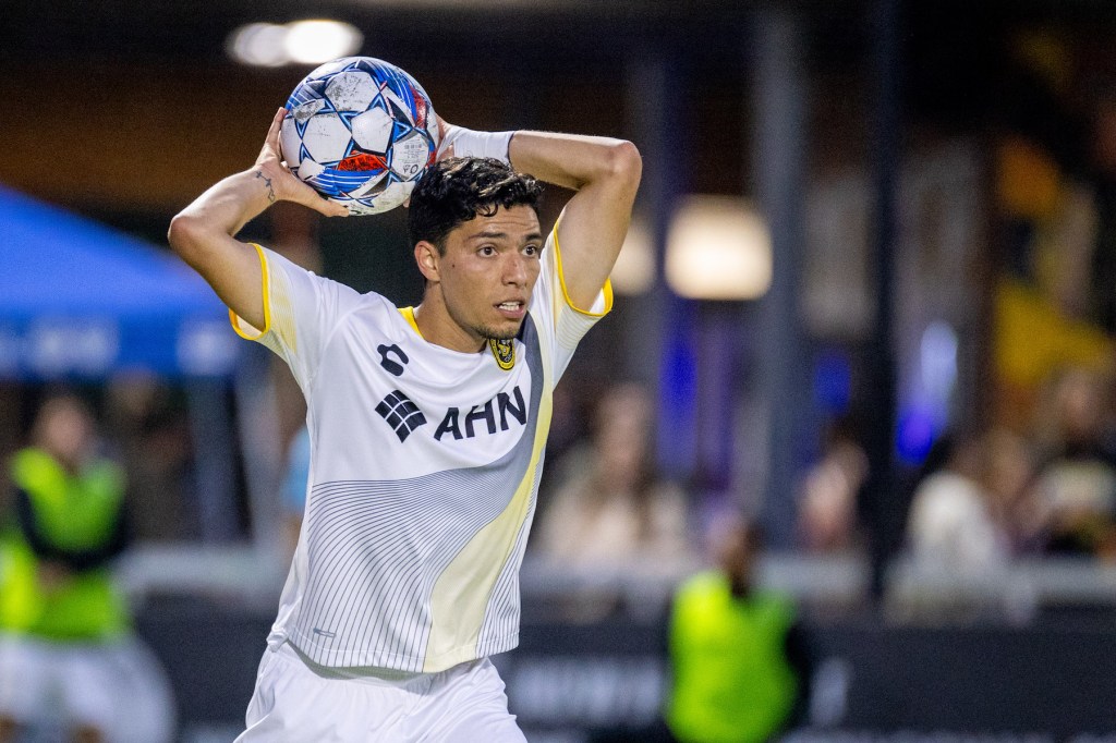 Dani Rovira takes a throw-in during the Riverhounds' 2-0 win over Rhode Island FC on Sept. 7, 2024 at Highmark Stadium. (Photo: Chris Cowger/Riverhounds SC)