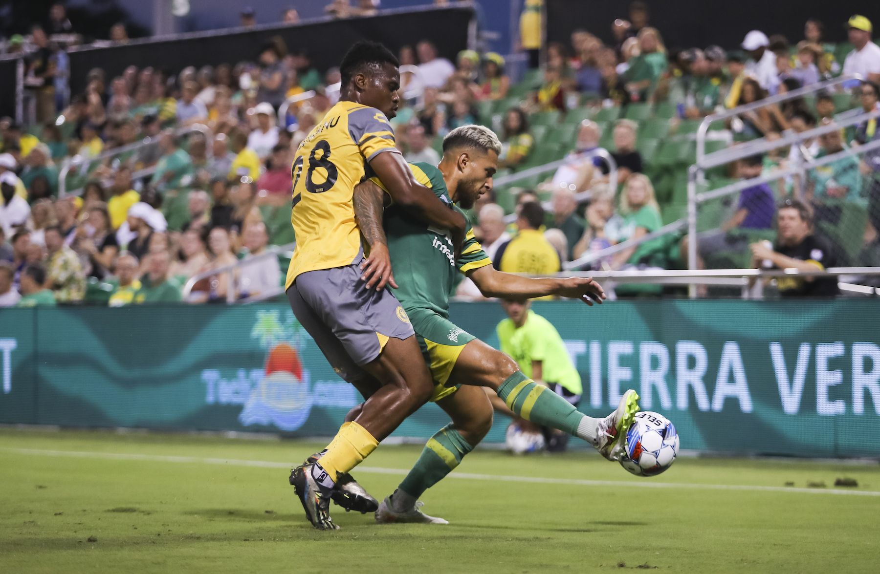 Illal Osumanu of the Hounds battles the Tampa Bay Rowdies' Manuel Arteaga in a match won 2-1 by the Rowdies on Sept. 14, 2024 at Al Lang Stadium in St. Petersburg, Fla. (Photo courtesy of the Tampa Bay Rowdies)