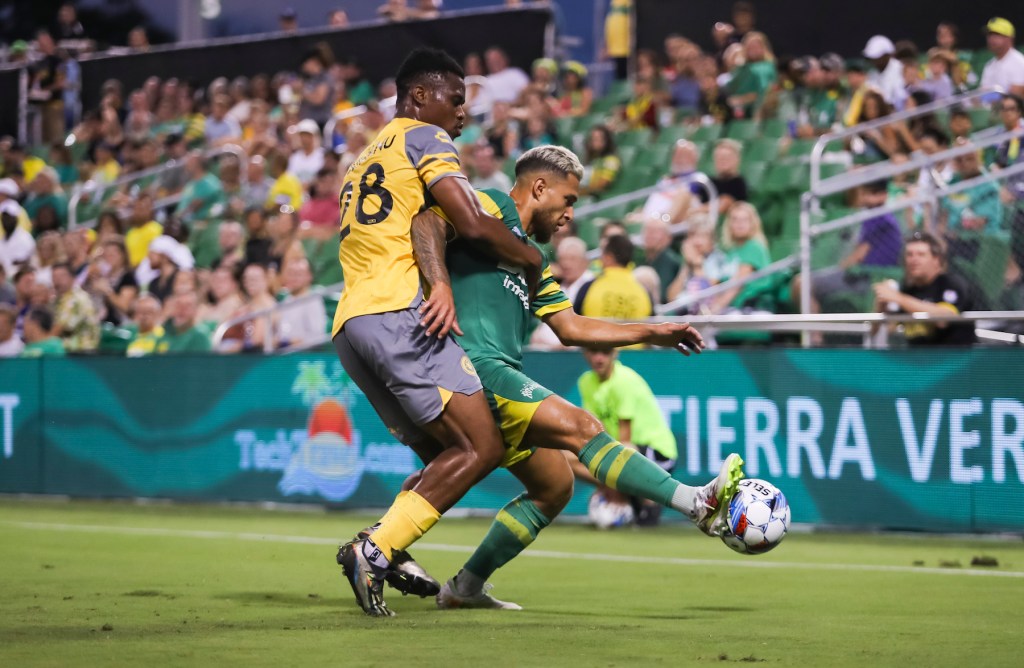 Illal Osumanu of the Hounds battles the Tampa Bay Rowdies' Manuel Arteaga in a match won 2-1 by the Rowdies on Sept. 14, 2024 at Al Lang Stadium in St. Petersburg, Fla. (Photo courtesy of the Tampa Bay Rowdies)