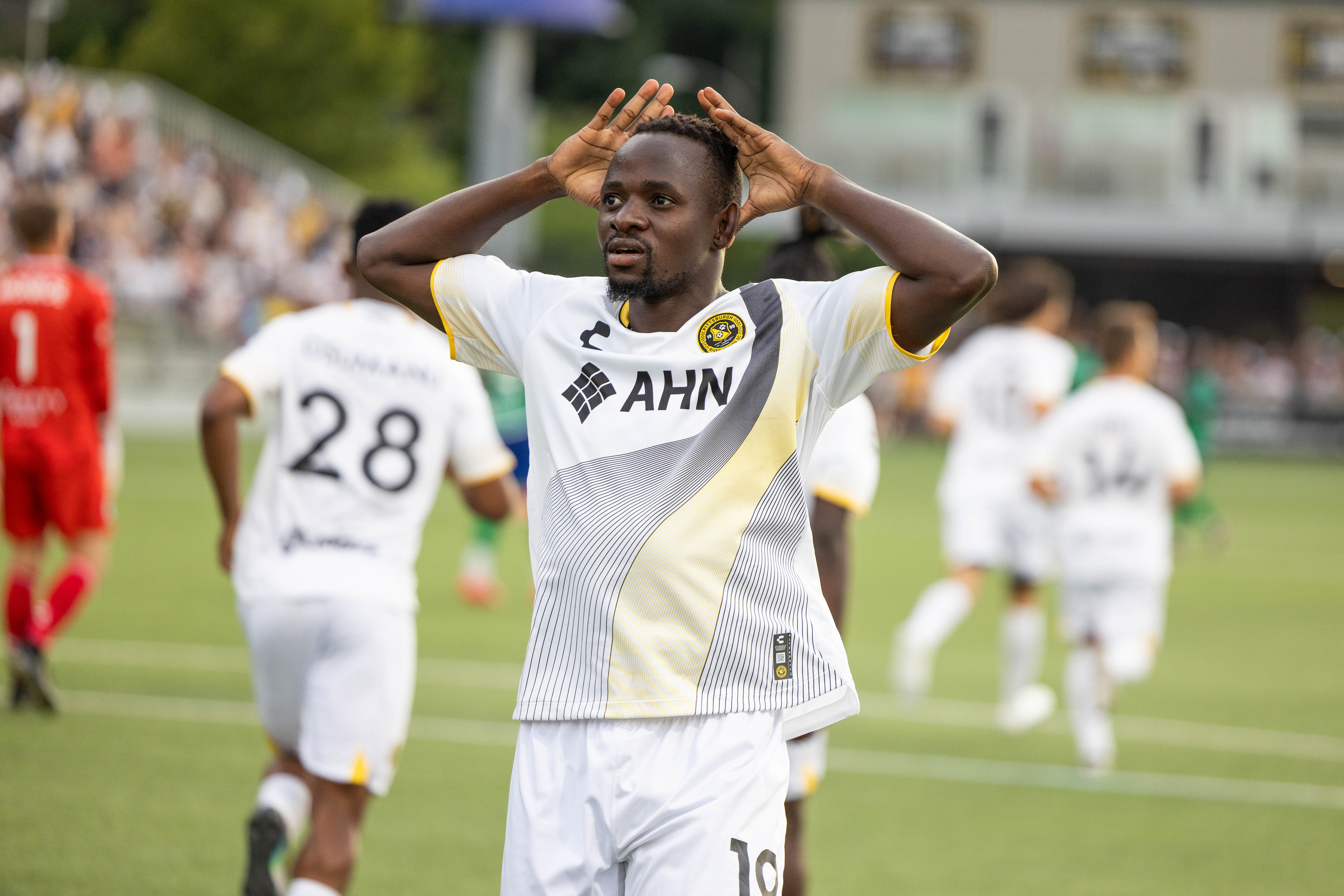 Edward Kizza celebrates after scoring a goal in the Riverhounds' 3-1 win over Hartford Athletic on July 20, 2024, at Highmark Stadium in Pittsburgh. (Photo: Steven Smith/For Riverhounds SC)