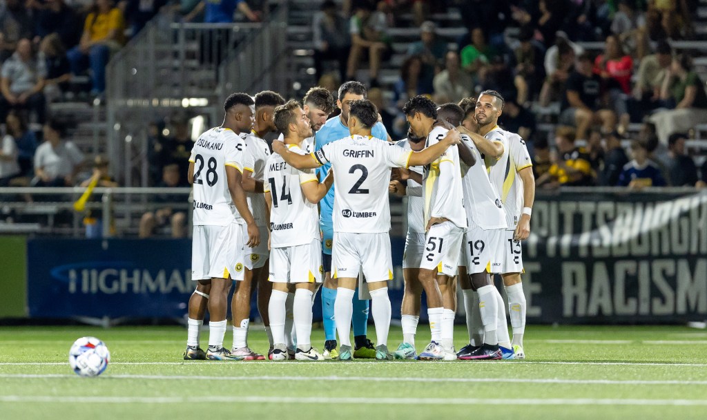 Hounds players gather before their match against Birmingham Legion FC on Sept. 28, 2024 at Highmark Stadium. (Photo: Mallory Neil/Riverhounds SC)