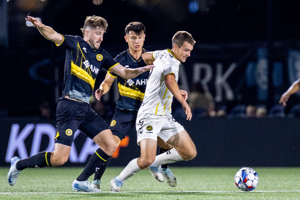 The Riverhounds' Pat Hogan and Danny Griffin close down Charleston Battery striker MD Myers in the Hounds' 2-0 win on Oct. 12, 2024, at Highmark Stadium. (Photo: Chris Cowger/Riverhounds SC)