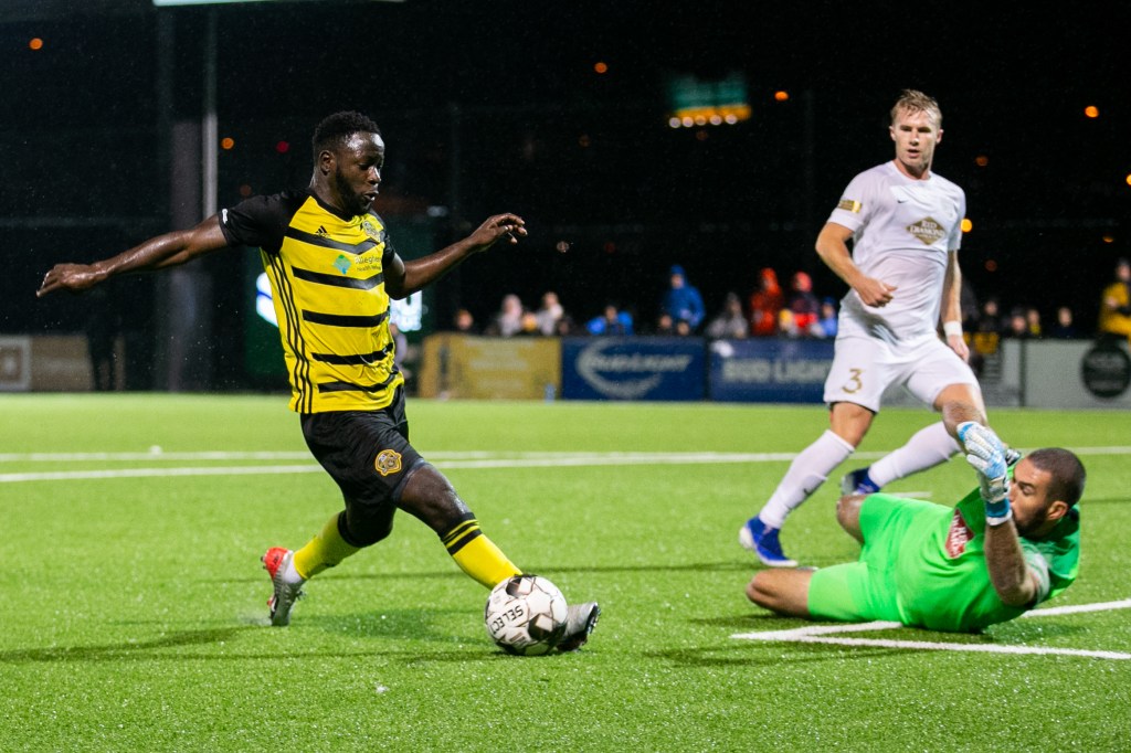 Neco Brett's final goals with the Hounds came in the form of a four-goal outburst in a record-setting playoff win over Birmingham Legion FC in 2019. (Photo: Chris Cowger/Riverhounds SC)