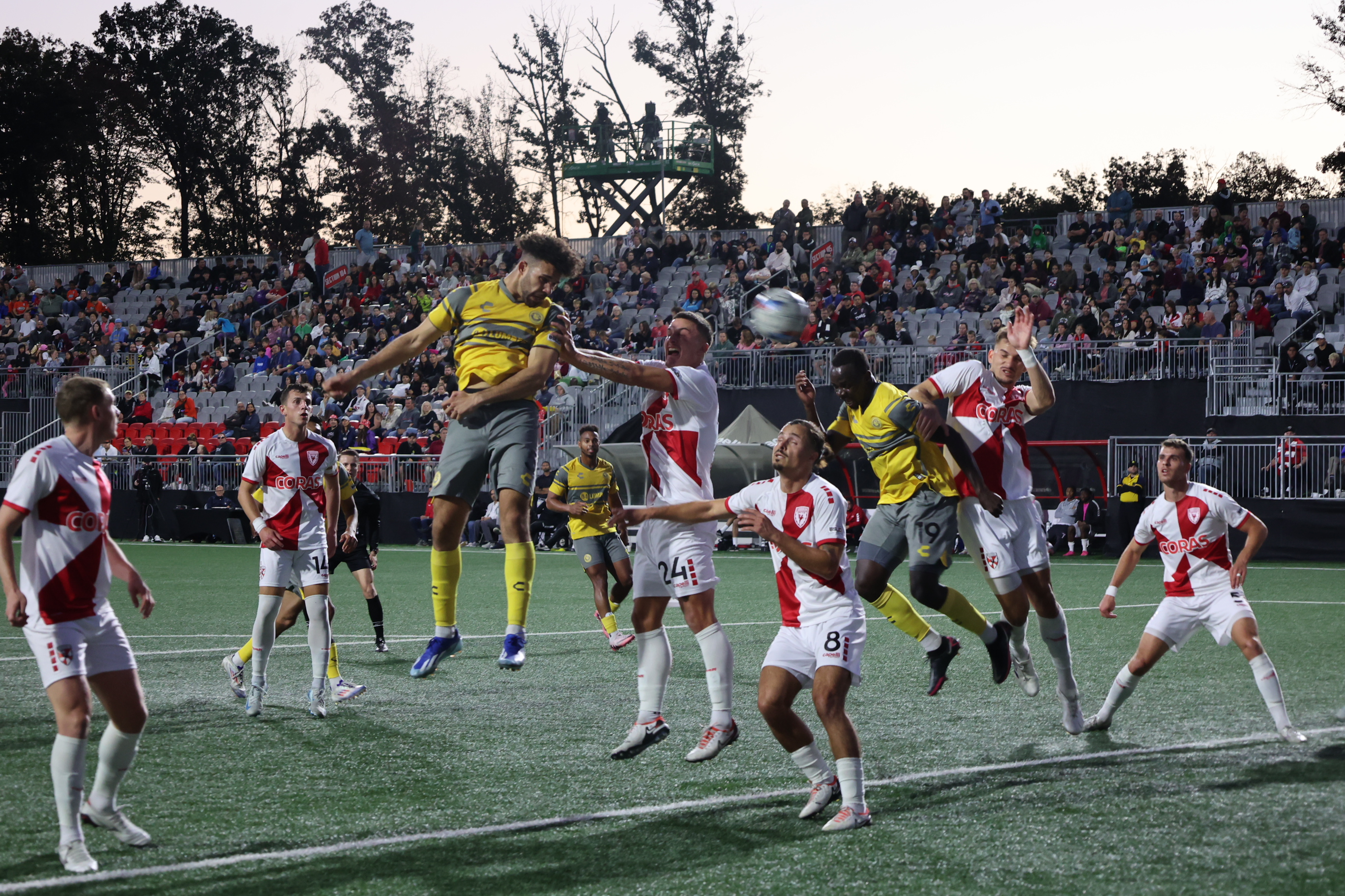 Edward Kizza heads in the opening goal in the Riverhounds' 2-0 win over Loudoun United FC on Oct. 19, 2024, at Segra Field in Leesburg, Va. (Photo: Matt Grubba/Riverhounds SC)