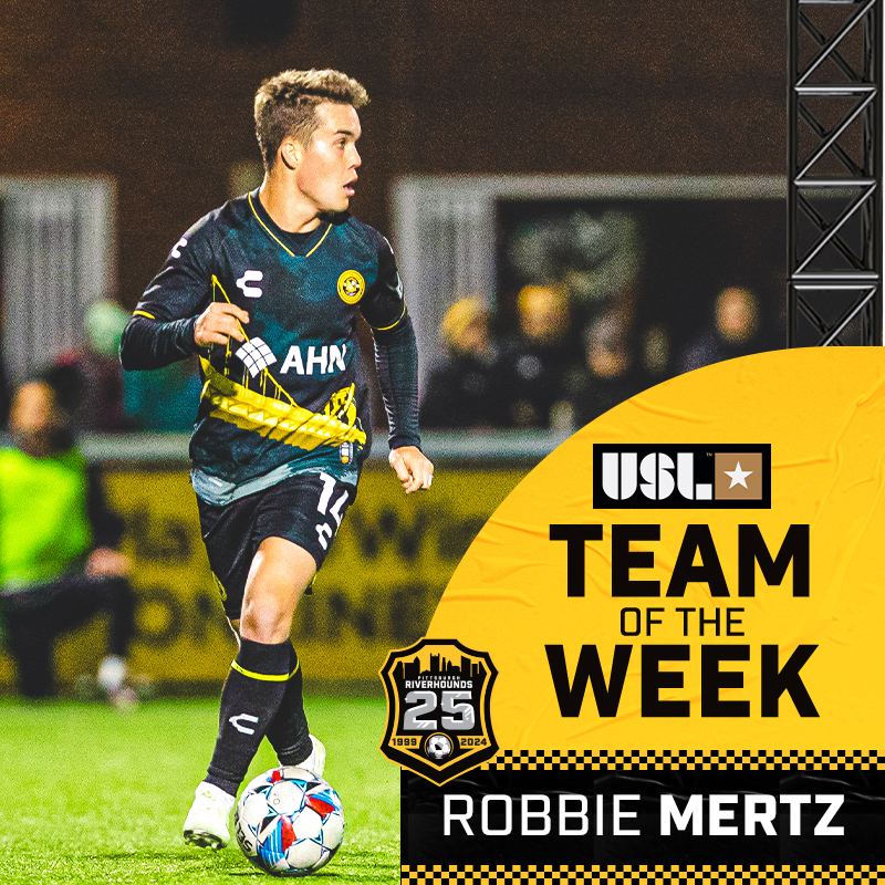 Pittsburgh RIverhounds Midfielder Robbie Mertz dribbling a ball with the team of the week graphic.