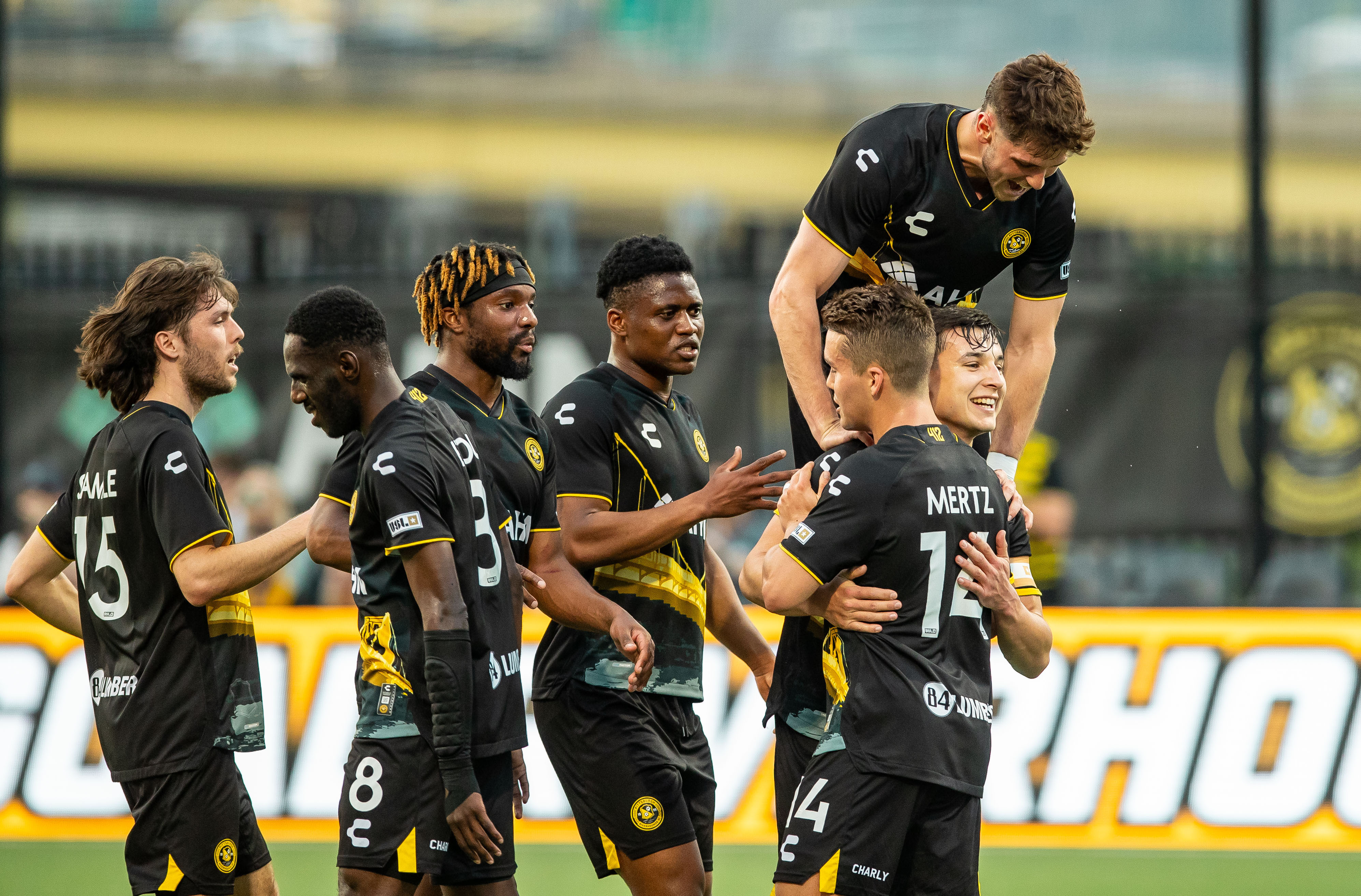 Riverhounds players celebrate after Danny Griffin's goal in the team's 2-0 win over Detroit City FC on April 27, 2024, at Highmark Stadium. (Photo: Mallory Neil/Riverhounds SC)