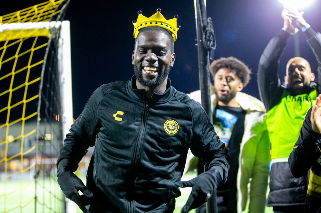 Kenardo Forbes celebrates after playing his record-breaking 196th match for the Riverhounds, a 0-0 draw against the Tampa Bay Rowdies on April 6, 2024 at Highmark Stadium. (Photo: Chris Cowger/Riverhounds SC)