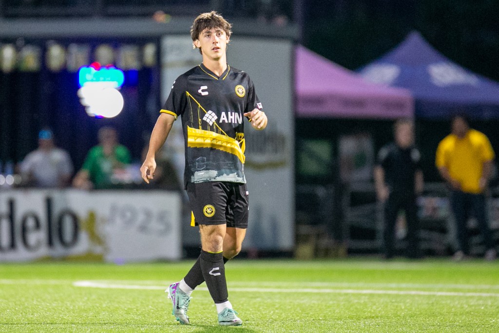 Pablo Linzoain takes the field in his senior-level debut with the Riverhounds on June 1, 2024, against Indy Eleven at Highmark Stadium. (Photo: Chris Cowger/Riverhounds SC)