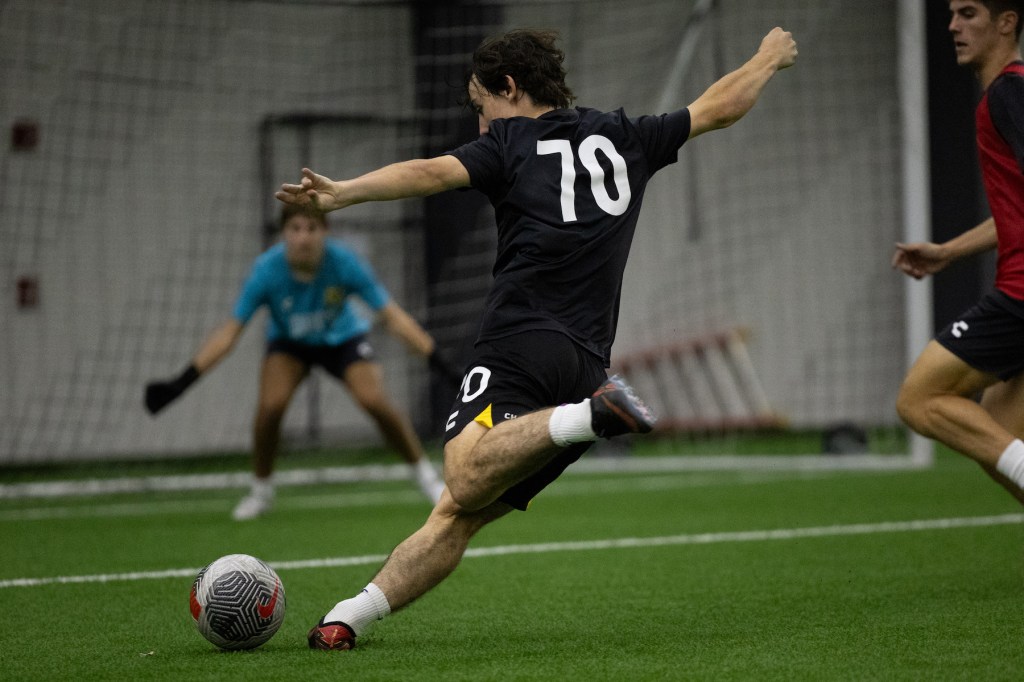 Pablo Linzoain tees up a shot during training with the Riverhounds Academy's 2006/07 ECNL Boys on Nov. 5, 2024, at AHN Montour in Coraopolis. (Photo: Julia Wasielewski/Riverhounds SC)