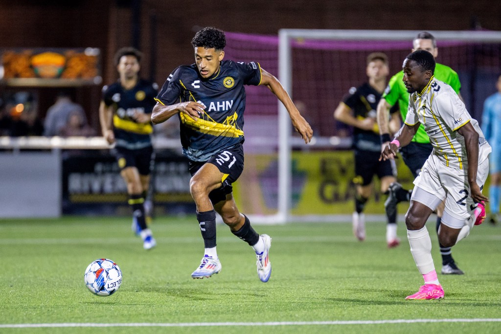 Bertin Jacquesson dribbles away from pressure in the Riverhounds' 2-0 win over the Charleston Battery on Oct. 24, 2024 at Highmark Stadium. (Photo: Chris Cowger/Riverhounds SC)