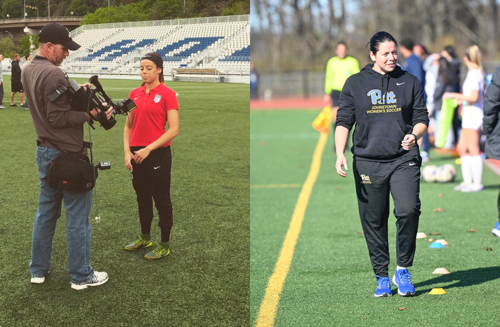 Aideen O'Donoghue at having her USYNT headshot taken at age 17 and O'Donoghue coaching the Pitt-Johnstown women's soccer team at age 25. (Submitted photos)