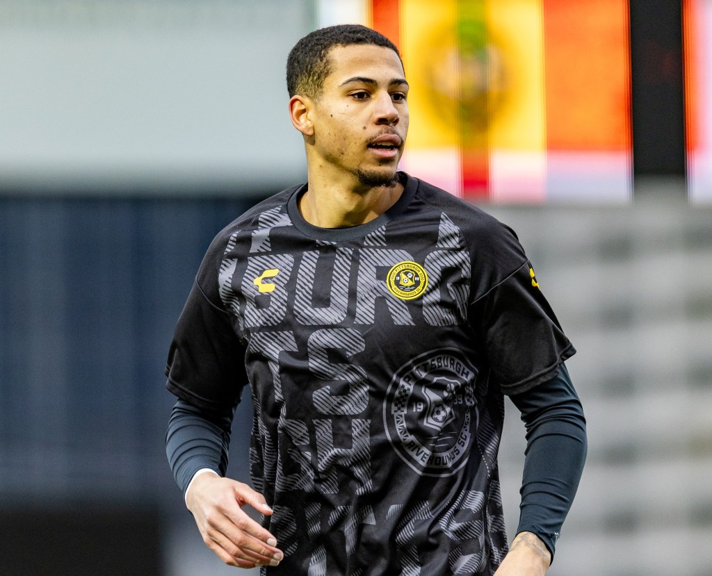 Riverhounds forward Brigham Larsen looks back during the team's preseason match against Duquesne University on Feb. 8, 2025 at Highmark Stadium. (Photo: Mallory Neil/Riverhounds SC)