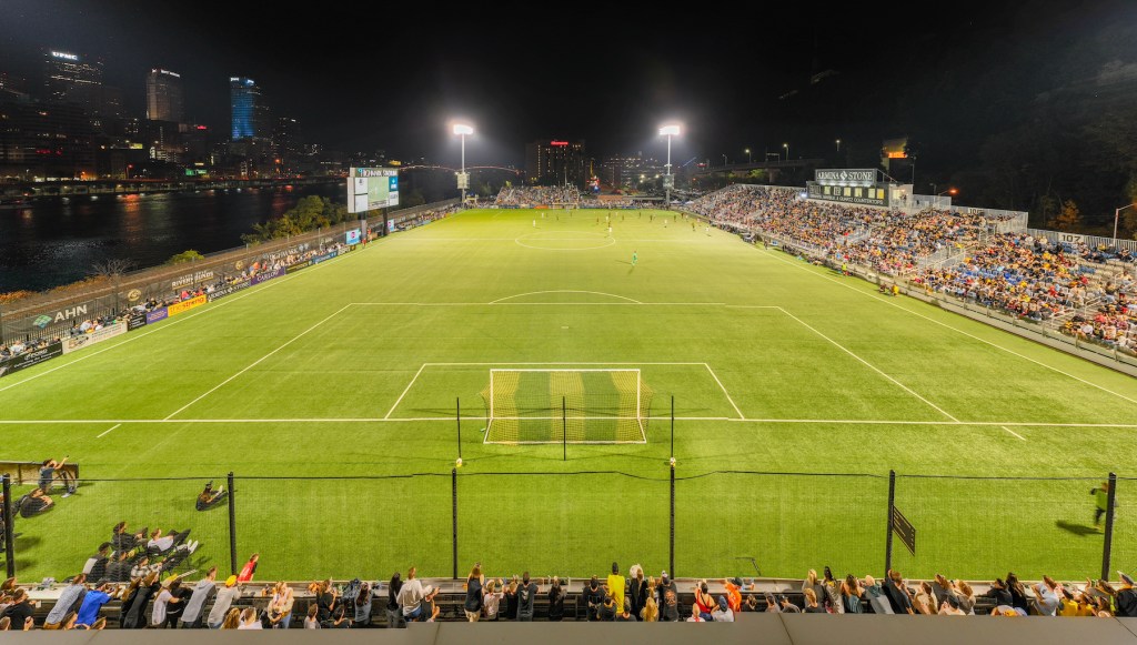 Aerial view of Highmark Stadium at night