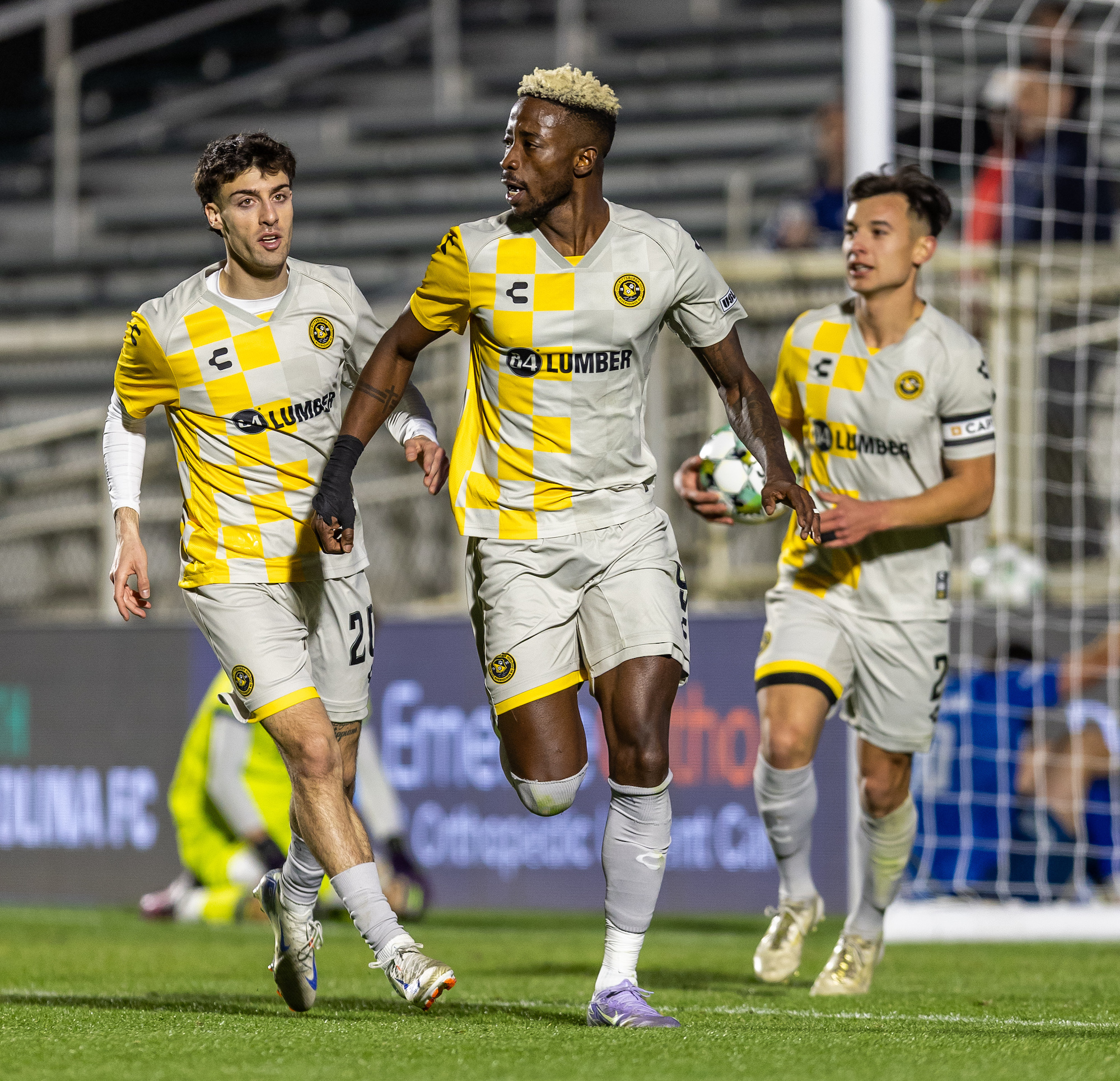 Augi Williams celebrates his first goal as a member of the Riverhounds in the team's 1-1 draw against North Carolina FC at WakeMed Soccer Park in Cary, N.C. on March 8, 2025. (Photo: Mallory Neil/Riverhounds SC)